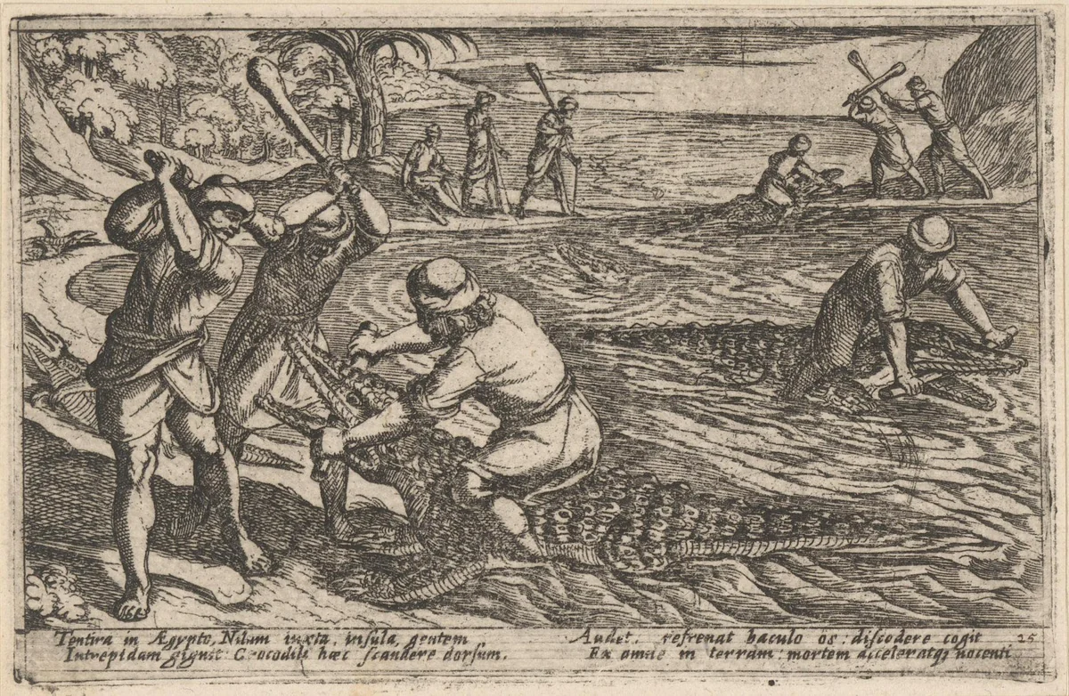 Jagers vangen en doden krokodillen by Antonio Tempesta, print, 1602