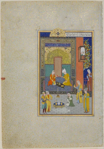 "Bahram Gur in the Yellow Palace on Sunday", Folio 213 from a Khamsa (Quintet) of Nizami of Ganja by Nizami, manuscript, 1500-1550