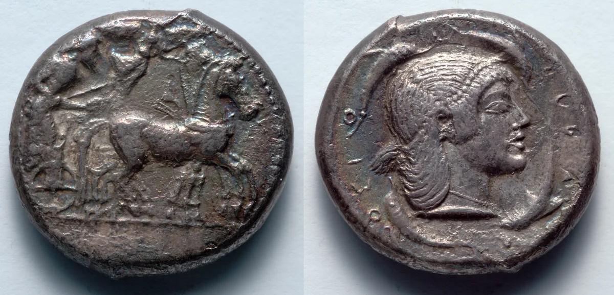 Tetradrachm: Quadriga (obverse); Head of Artemis/Arethousa (reverse) by Unknown, metalwork, -485--478