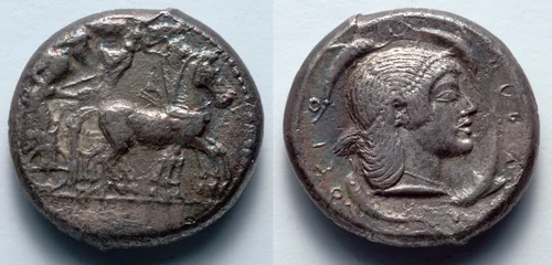Tetradrachm: Quadriga (obverse); Head of Artemis/Arethousa (reverse) by Unknown, metalwork, -485--478