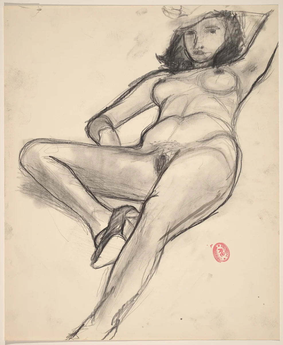Untitled [reclining nude shading her face with her hand] by Richard Diebenkorn, drawing, 1955-1967