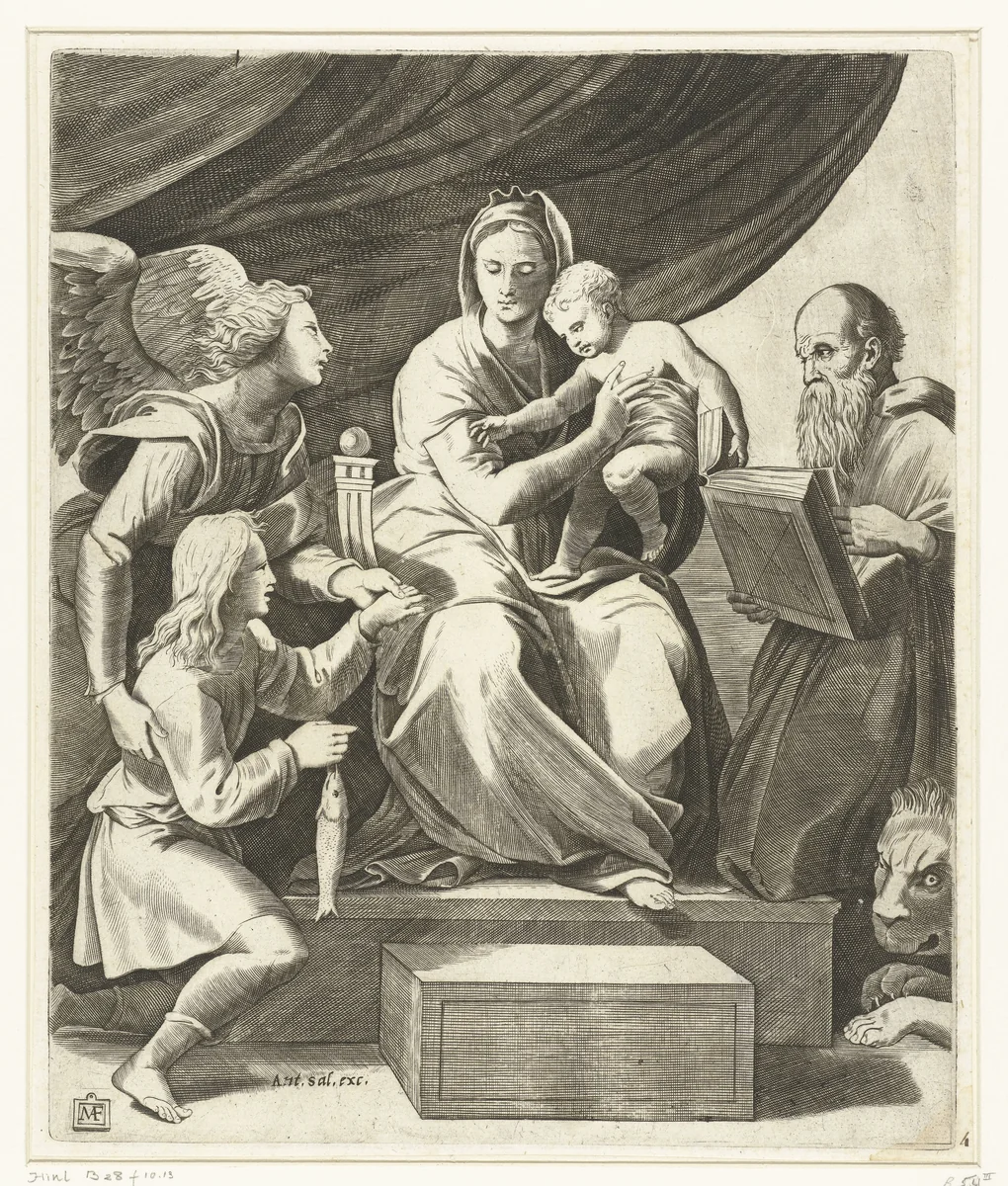 Maria met kind geflankeerd door aartsengel Michaël met Tobias met vis en heilige Hieronymus by Unknown, print, 1520-1550