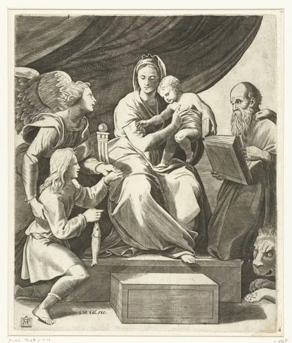 Maria met kind geflankeerd door aartsengel Michaël met Tobias met vis en heilige Hieronymus by Unknown, print, 1520-1550