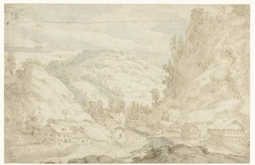 Gezicht op een dal met een dorp en een bergbeekje by Frederik van Valckenborch, drawing, 1598-1599
