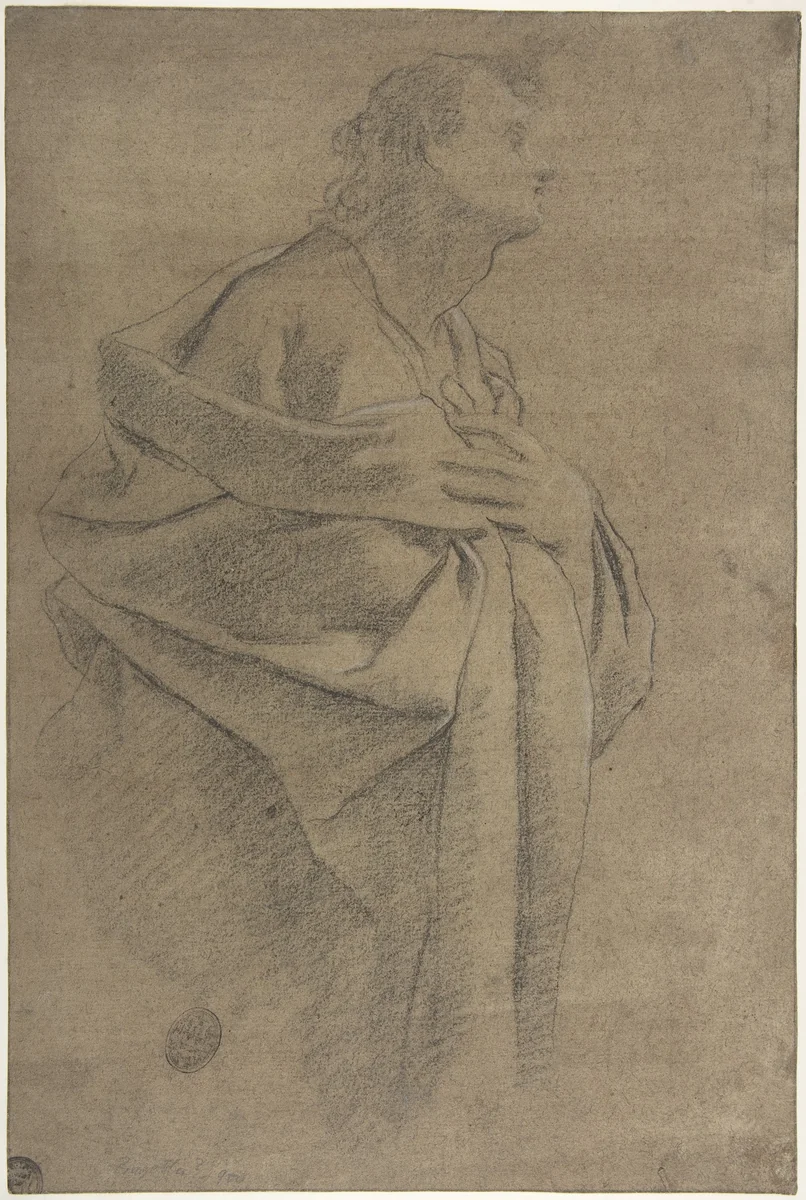 Saint Bartholomew (recto); Study of Drapery and Two Hands (verso) by Carlo Bononi, drawing, 1569-1632