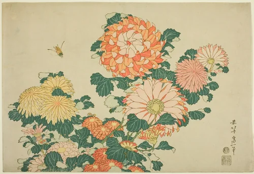 Chrysanthemums and Bee, from an untitled series of Large Flowers by Katsushika Hokusai (葛飾 北斎), print, 1831-1833