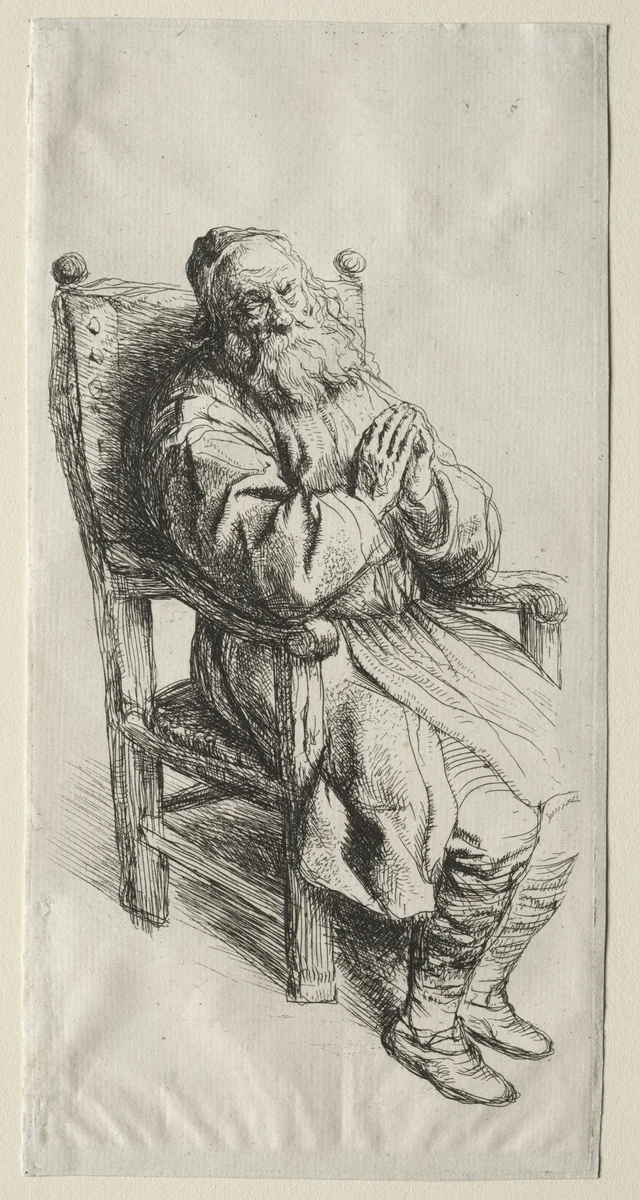An Old Man in a Chair, Praying by Salomon Koninck, print
