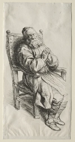 An Old Man in a Chair, Praying by Salomon Koninck, print