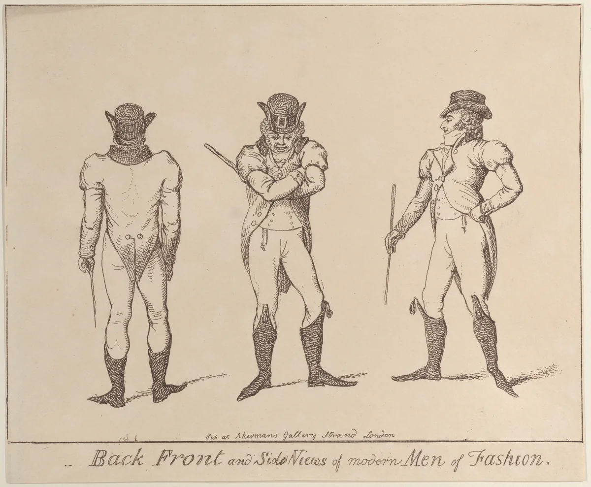 Back, Front, and Side Views of Modern Men of Fashion: Fashions a little before 1800 by anonymous, print, 1795-1805