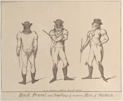 Back, Front, and Side Views of Modern Men of Fashion: Fashions a little before 1800 by anonymous, print, 1795-1805