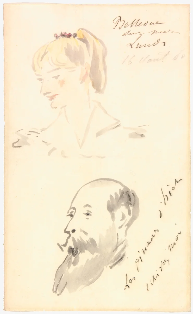 Head of a Woman and Head of a Bearded Man by Édouard Manet, drawing, 1880