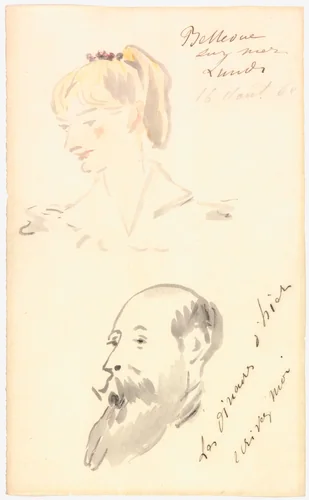 Head of a Woman and Head of a Bearded Man by Édouard Manet, drawing, 1880