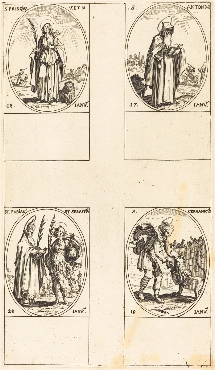 St. Anthony; St. Prisca; St. Germanicus; Sts. Fabian and Sebastian by Jacques Callot, print, 1627-1637