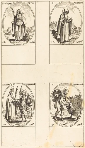 St. Anthony; St. Prisca; St. Germanicus; Sts. Fabian and Sebastian by Jacques Callot, print, 1627-1637