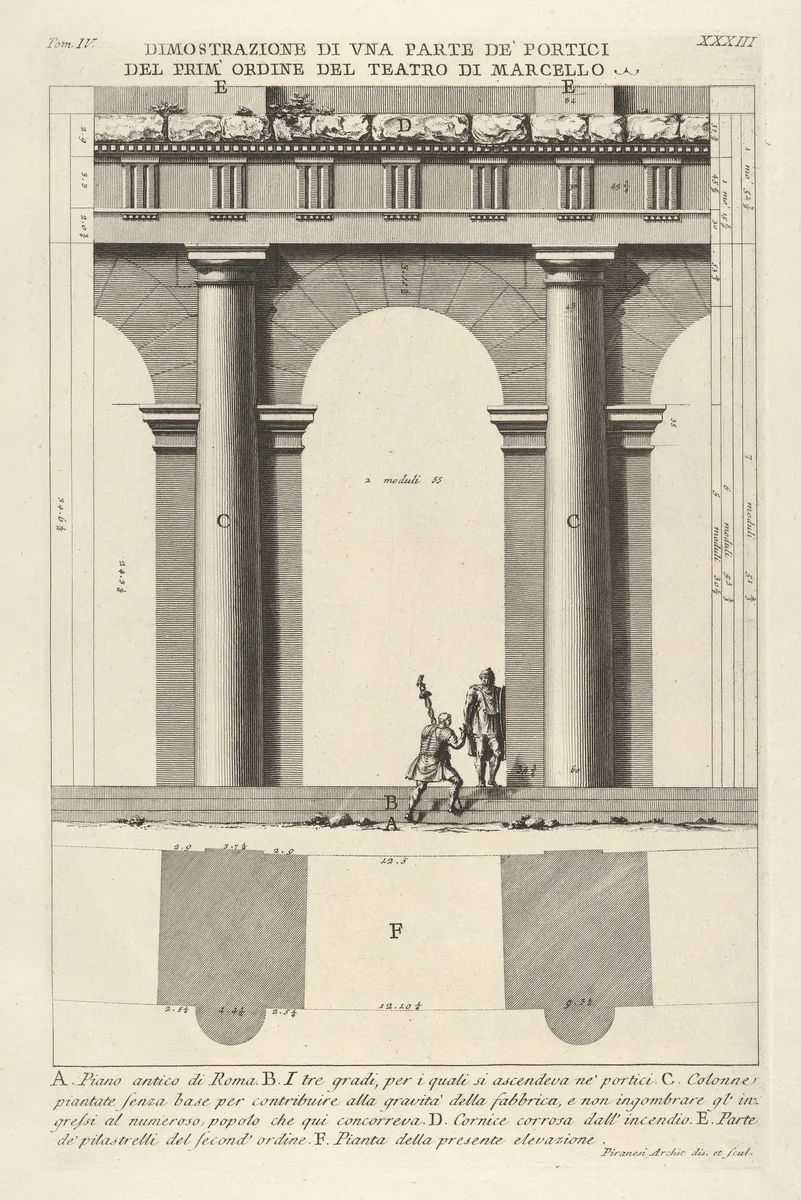 Partial elevation and plan of the first-order portico at the Theater of Marcellus (Dimostrazione di una parte de' portici del prim' ordine del Teatro di Marcello), from "Le Antichità Romane" by Giovanni Battista Piranesi, print, 1756