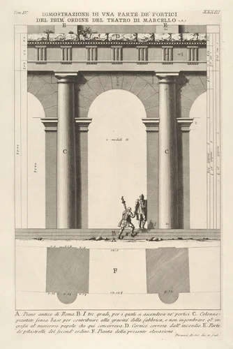 Partial elevation and plan of the first-order portico at the Theater of Marcellus (Dimostrazione di una parte de' portici del prim' ordine del Teatro di Marcello), from "Le Antichità Romane" by Giovanni Battista Piranesi, print, 1756