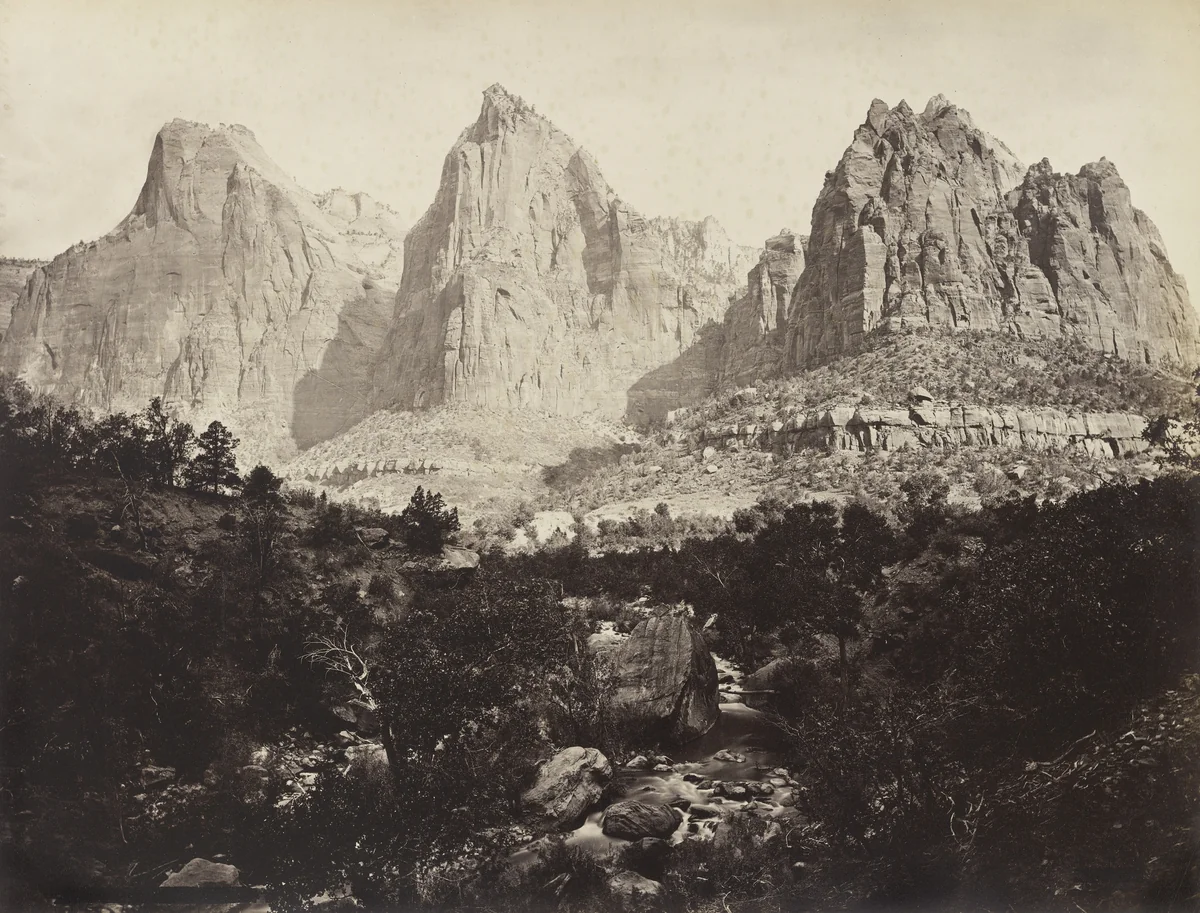 The Three Patriarchs on the west side of Zion Canyon, Zion National Park, Utah by John Hillers, photograph, 1873