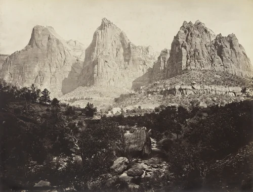 The Three Patriarchs on the west side of Zion Canyon, Zion National Park, Utah by John Hillers, photograph, 1873