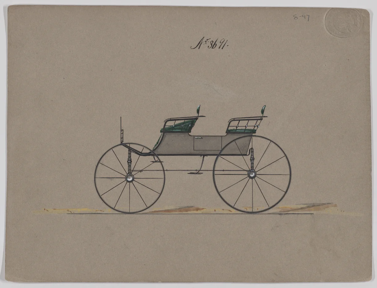 Design for 4 seat Phaeton, no top, no. 3691 by Brewster & Co., drawing, 1881