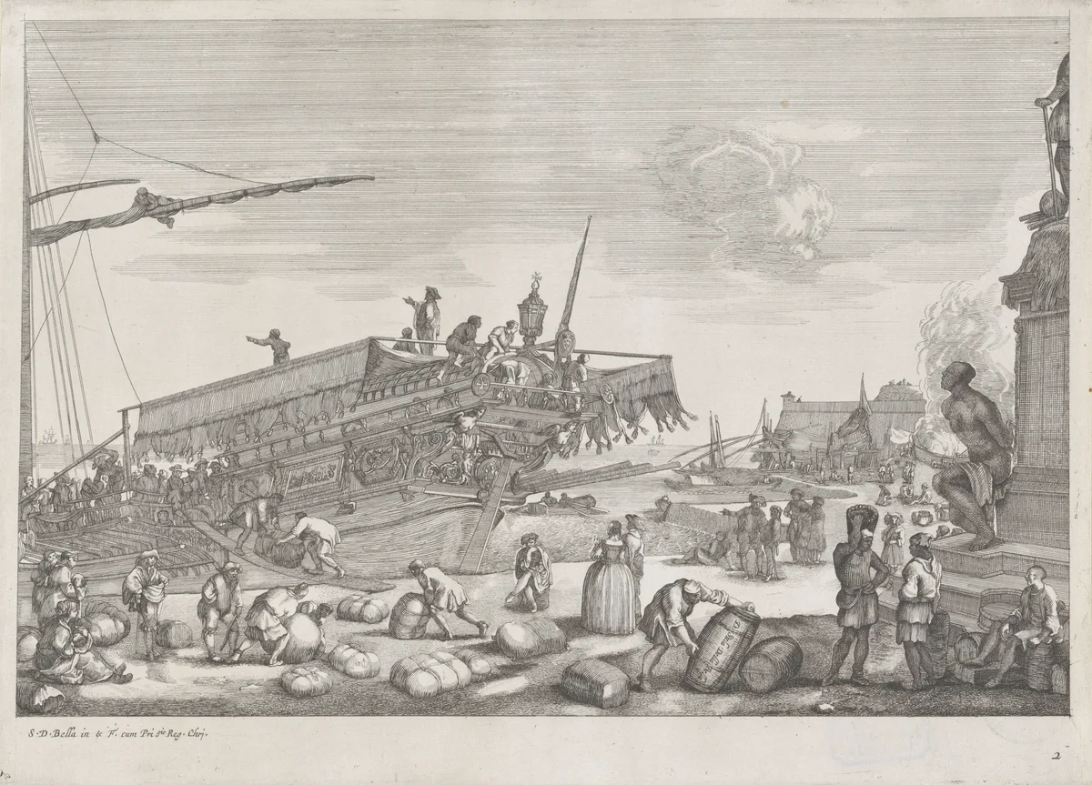 Vertrek van een galeischip in de haven van Livorno by anonymous, print, 1655