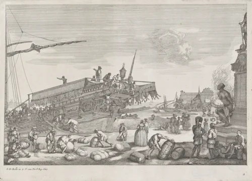Vertrek van een galeischip in de haven van Livorno by anonymous, print, 1655