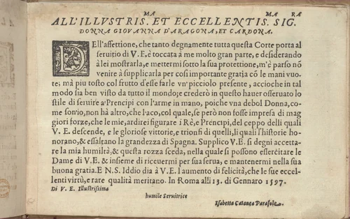 Studio delle virtuose Dame, page 3 (recto) by Isabella Catanea Parasole, book, 1597