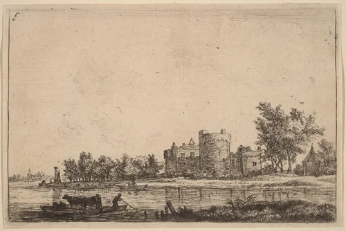 Two Cows on a Ferry by Anthonie Waterloo, print, 1609-1690