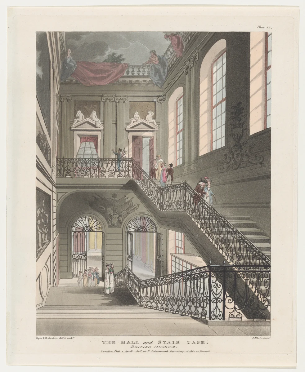 The Hall and Stair Case, British Museum by Thomas Rowlandson, print, 1808