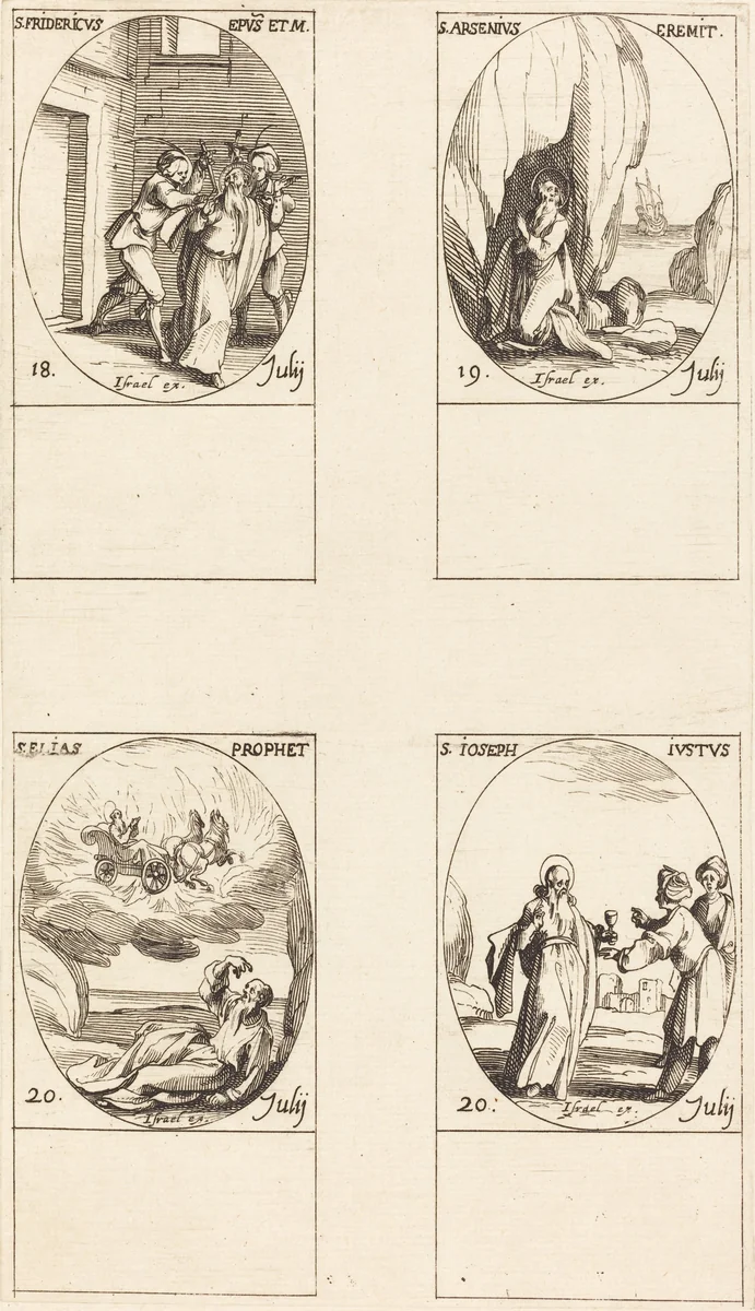 St. Frederick; St. Arsenius, Hermit; St. Elias, Prophet; St. Joseph the Just by Jacques Callot, print, 1627-1637