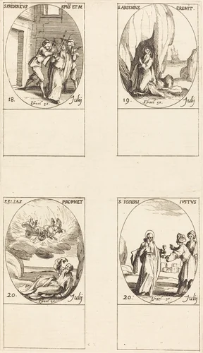 St. Frederick; St. Arsenius, Hermit; St. Elias, Prophet; St. Joseph the Just by Jacques Callot, print, 1627-1637