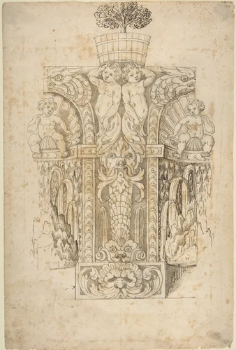 Design for a Wall Fountain by anonymous, drawing, 1550-1620