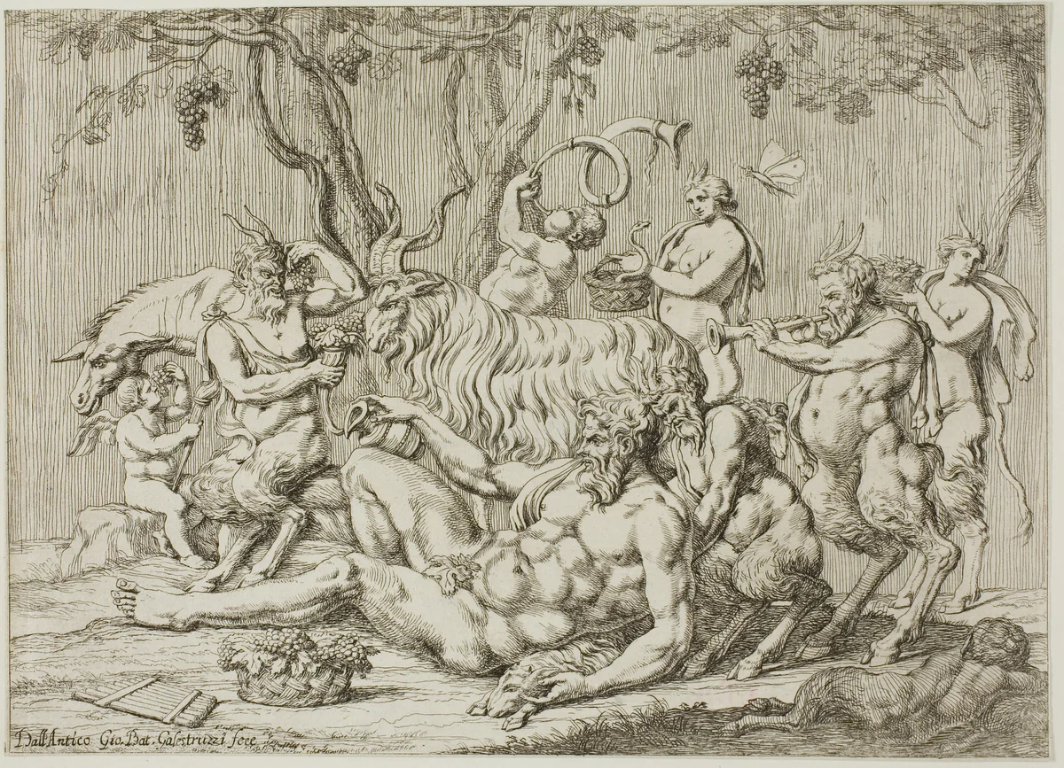 Silenus Reclining with Goats and Satyrs by Giovanni Battista Galestruzzi, print, 1635-1669