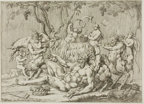 Silenus Reclining with Goats and Satyrs by Giovanni Battista Galestruzzi, print, 1635-1669