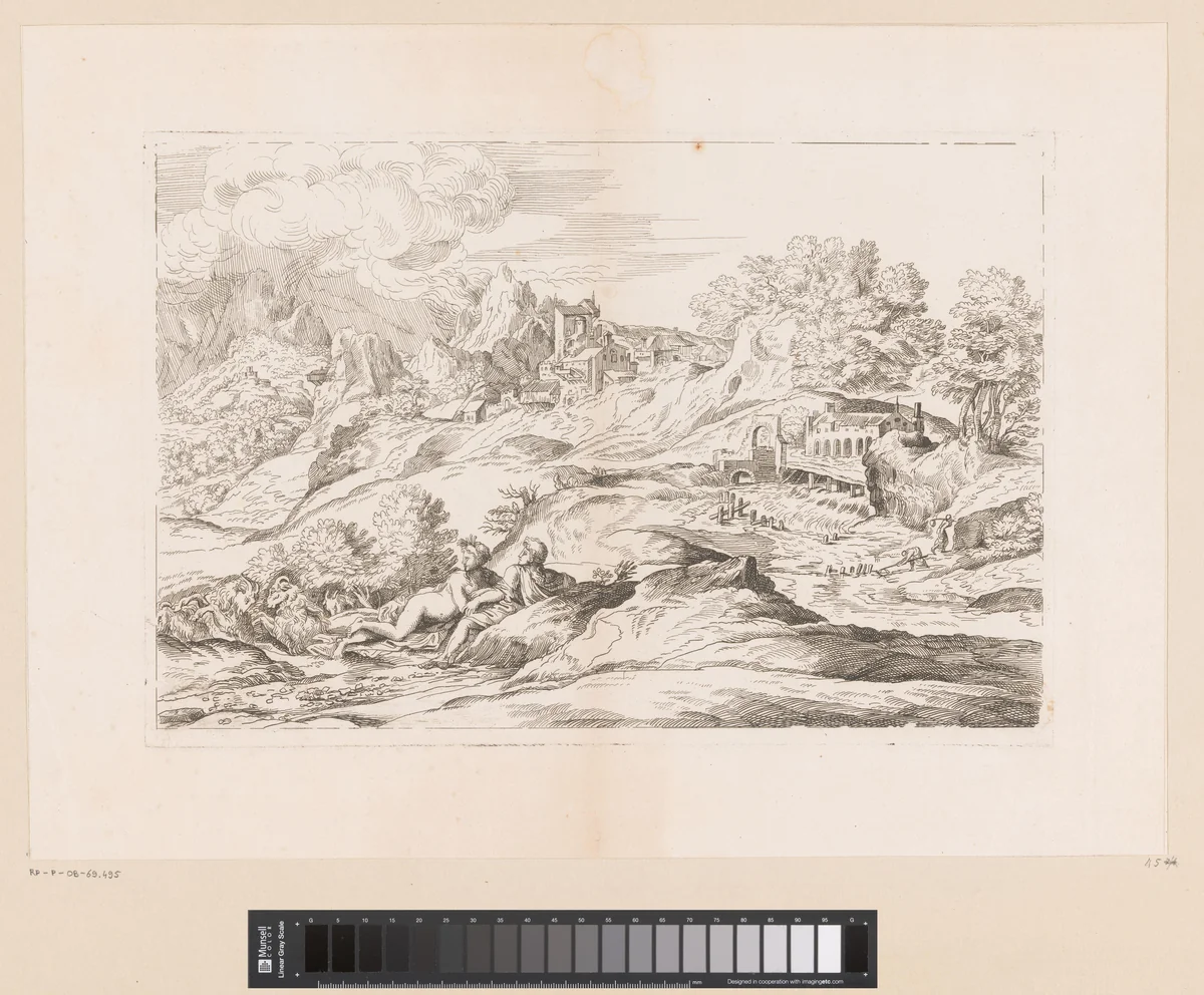 Landschap met gemaal en twee figuren op de voorgrond by anonymous, print, 1634-1679