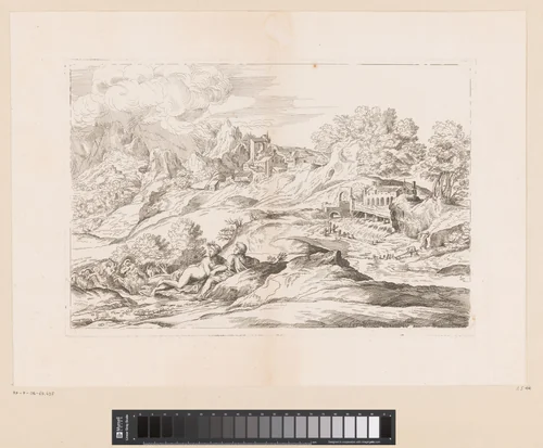 Landschap met gemaal en twee figuren op de voorgrond by anonymous, print, 1634-1679