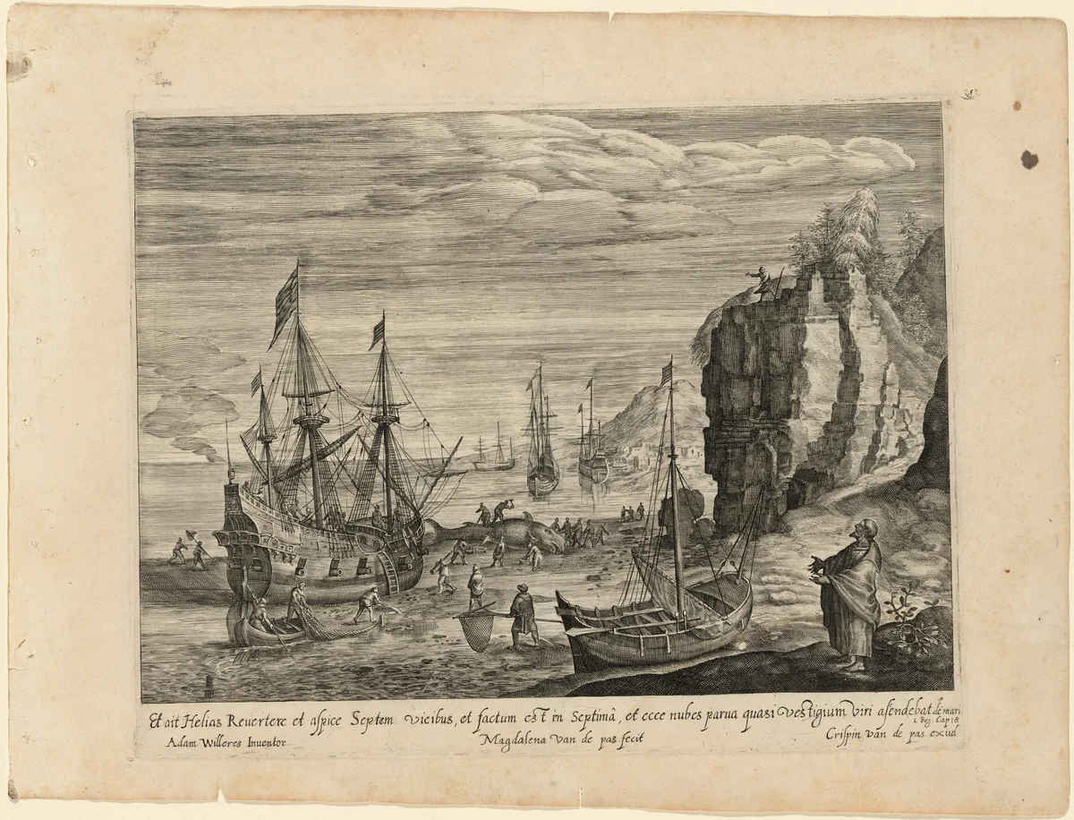 A Beach with Fishermen Cutting Up a Whale and the Prophet Elijah by Magdalena van de Passe, print, 1620-1630