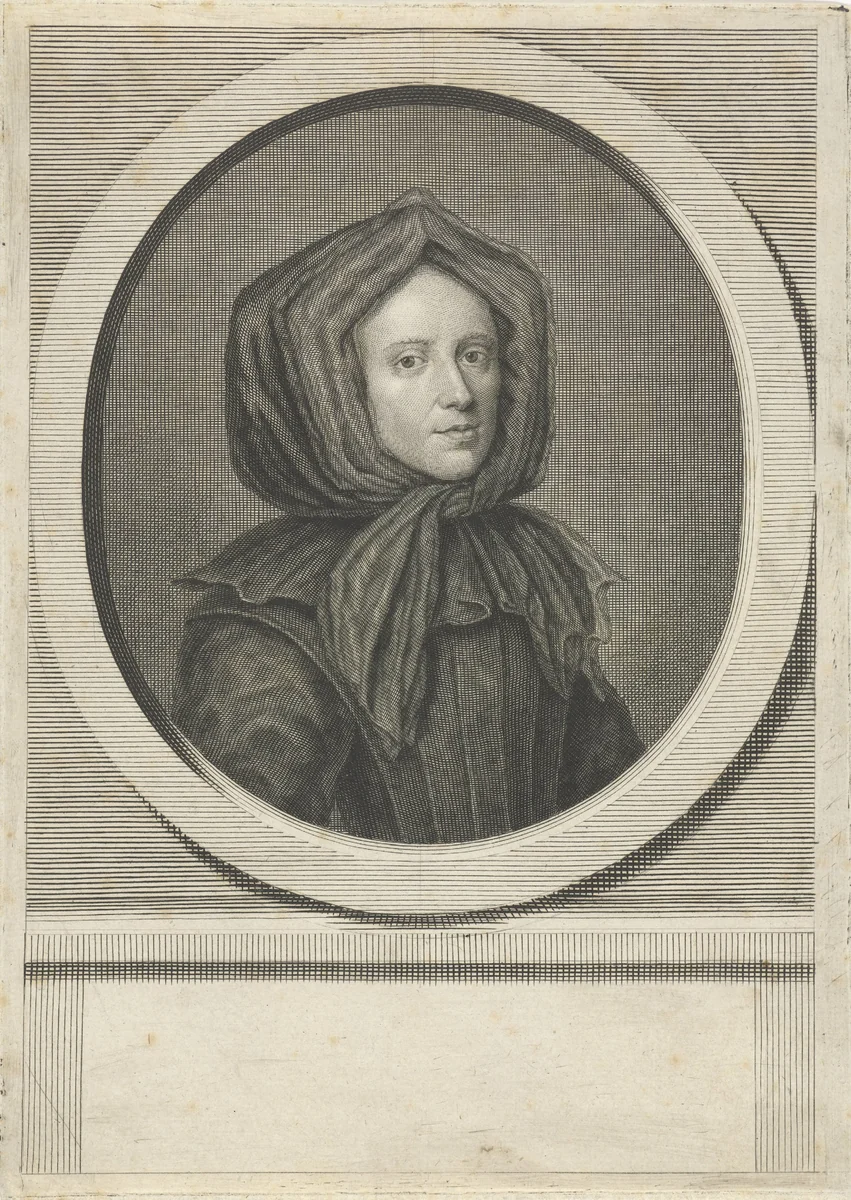 Portret van Antoinette Bourignon by Pieter van Gunst, print, 1659-1731