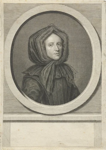 Portret van Antoinette Bourignon by Pieter van Gunst, print, 1659-1731