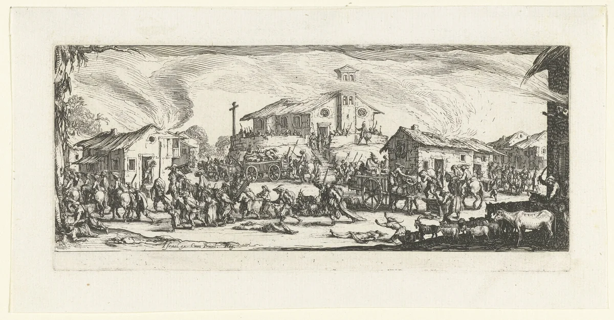 Soldaten plunderen een dorp by Jacques Callot, print, 1633