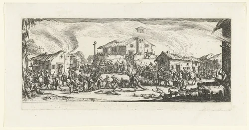 Soldaten plunderen een dorp by Jacques Callot, print, 1633