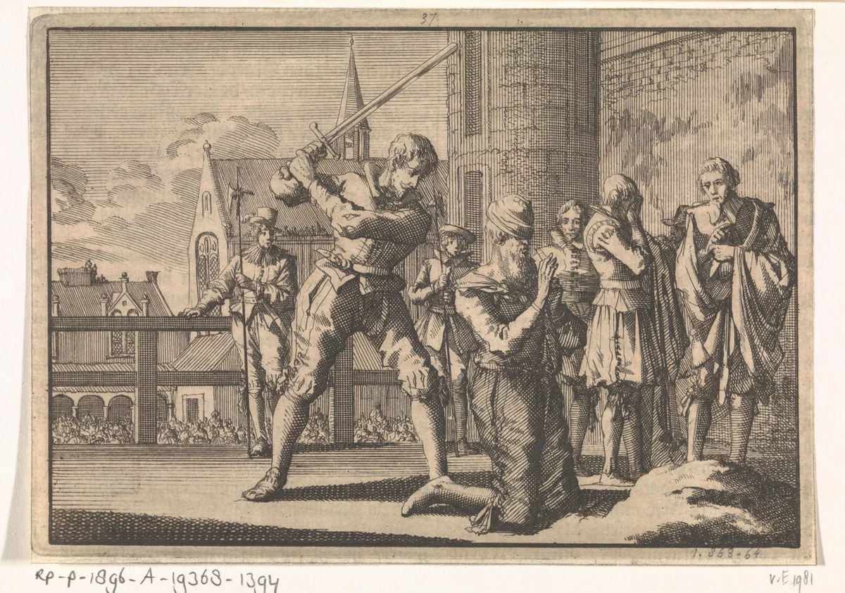 Johan van Oldenbarnevelt onthoofd, 1619 by Jan Luyken, print, 1698