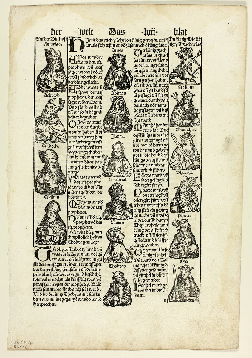 Bishops, Prophets, and Kings from Schedel Weltchronik (Schedel's World History), Plate 10 from Woodcuts from Books of the 15th Century by Johann Schönsperger the Elder, print, 1496