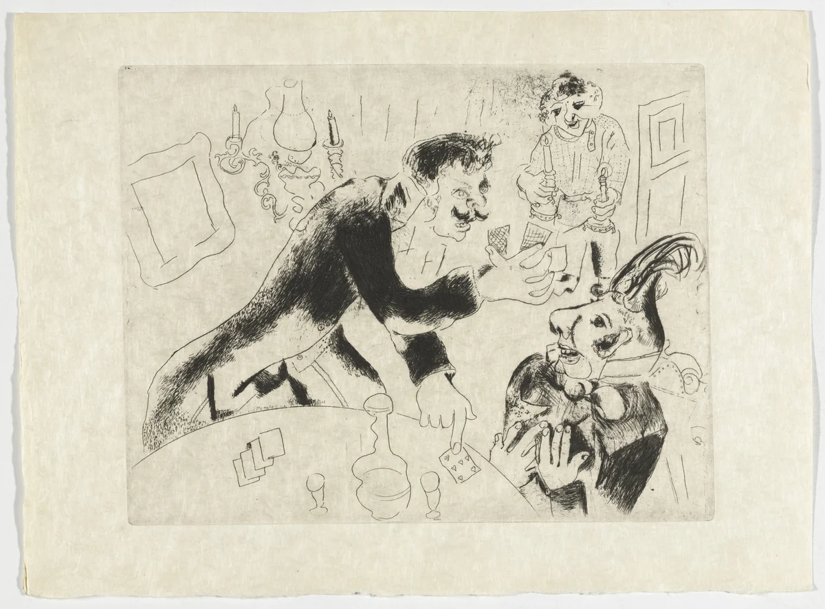 The Playing Cards (Les Cartes à jouer), plate XXIV (supplementary suite) from Les Âmes mortes by Marc Chagall, illustrated book, 1923