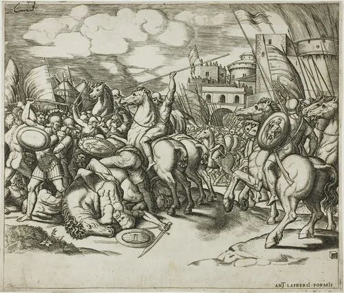 The Victory of Scipion over Syphax by Master of the Die, print, 1527-1537