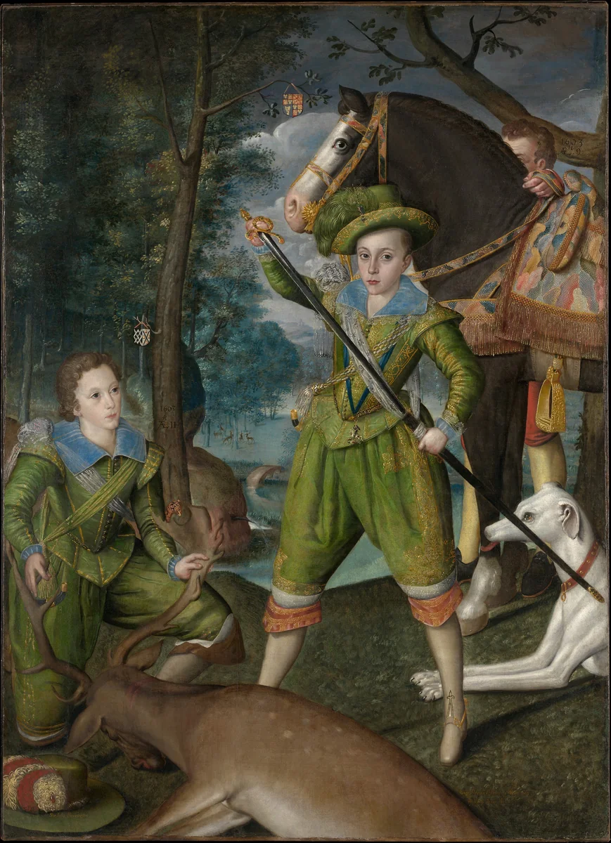 Henry Frederick (1594–1612), Prince of Wales, with Sir John Harington (1592–1614), in the Hunting Field by Robert Peake, painting, 1603