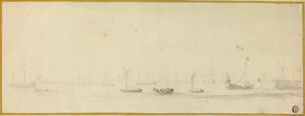 Ships in Full Sail with Small Boats by Willem van de Velde, drawing, 1653-1707
