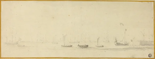 Ships in Full Sail with Small Boats by Willem van de Velde, drawing, 1653-1707