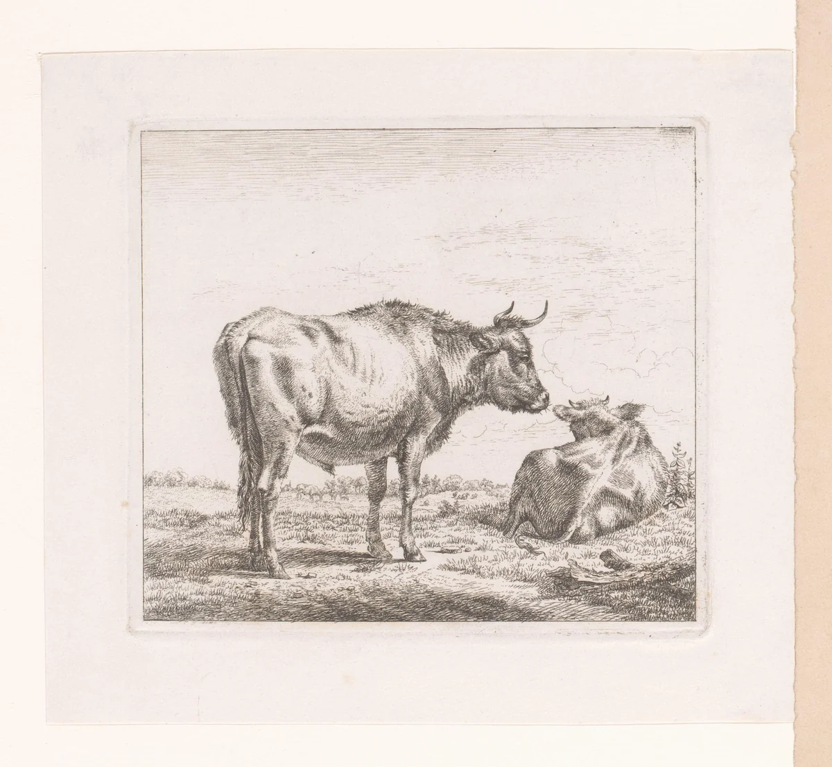 Stier en liggende koe by Eugène Verboeckhoven, print, 1808-1881