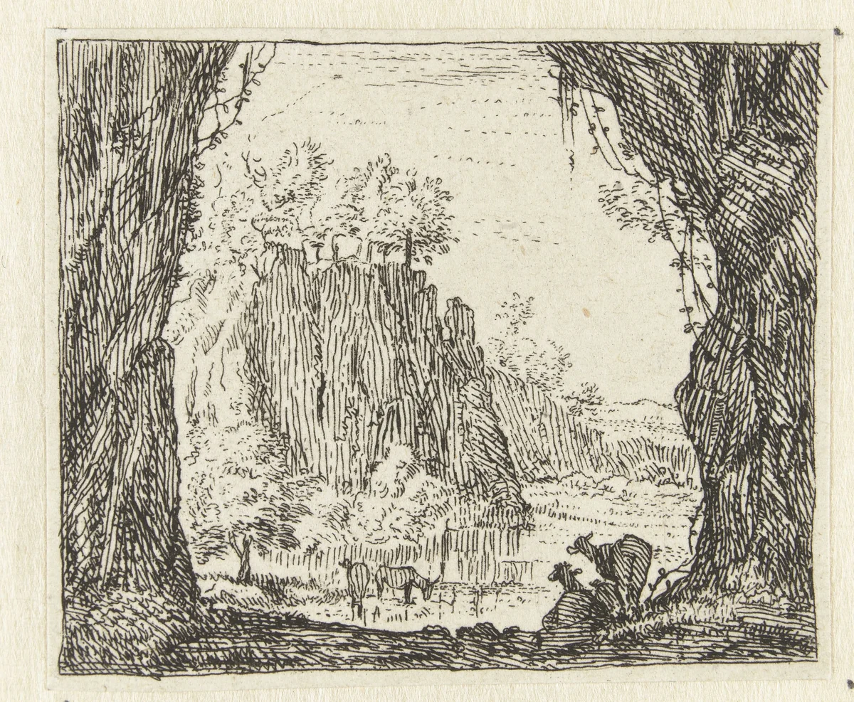Italianiserend landschap met geiten bij een rivier by anonymous, print, 1652-1728