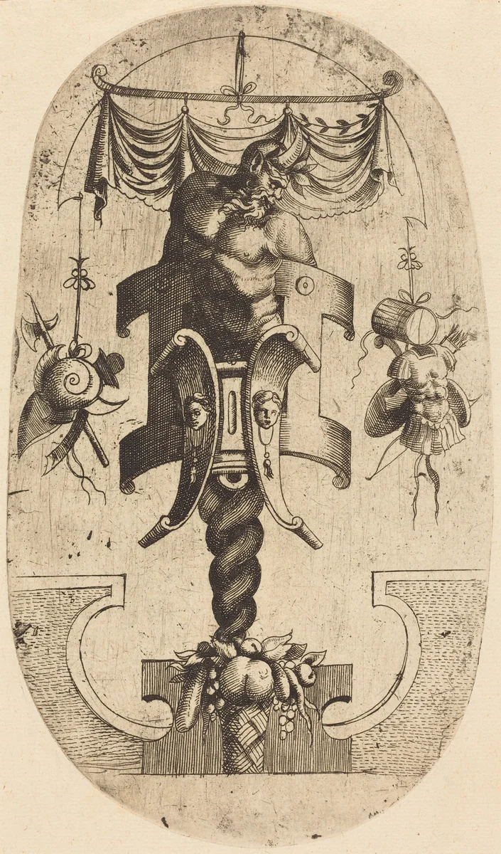 Satyr Bending Towards the Right by Jean Mignon, print, 1523-1603